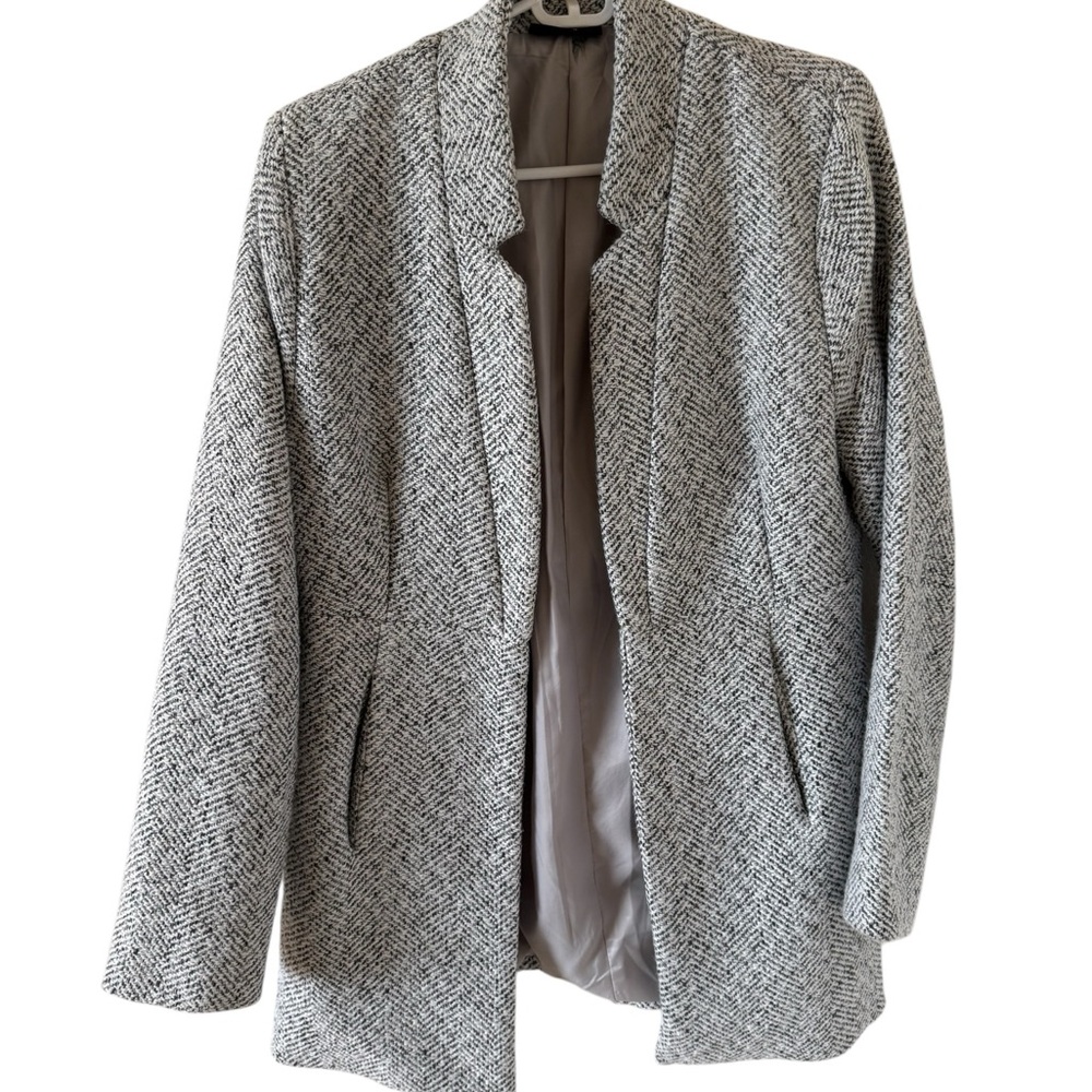 Vici Tweed Belted Blazer Coat M Gray Longline Office Workwear Chic